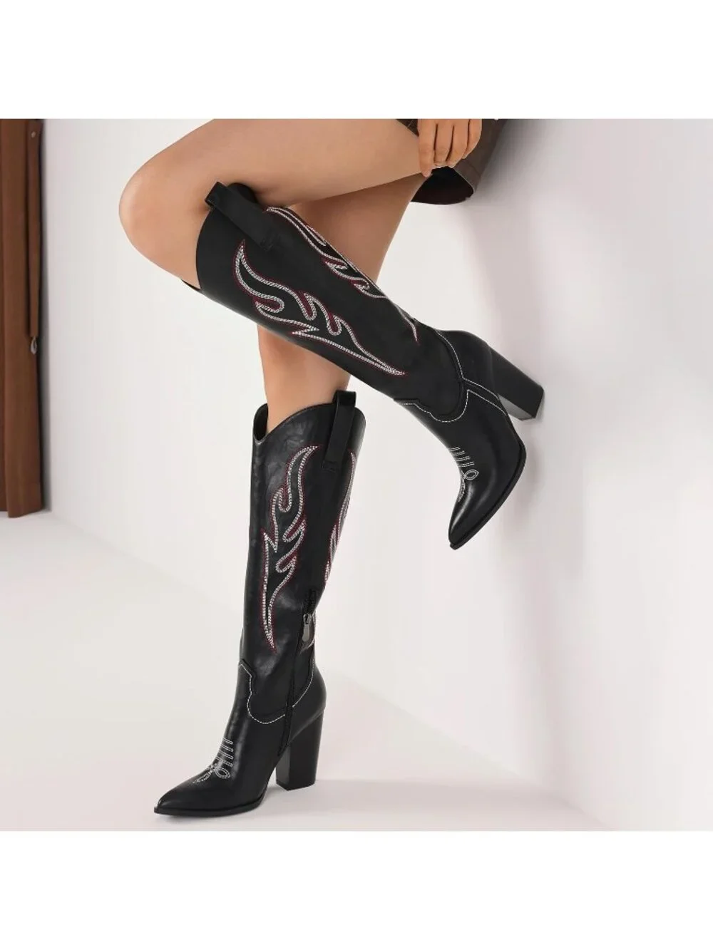 Women's Black Leather Embroidered Rhinestone Wide Calf Side Zipper Cowgirl Boots